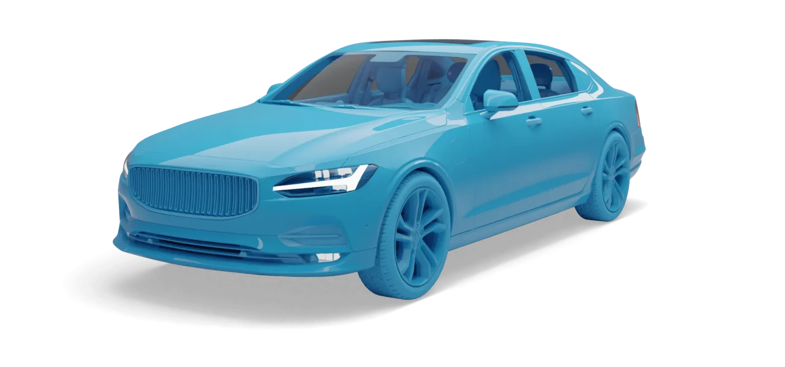 Blau eingefärbtes dreidimensionales Modell einer Limousine als Symbolbild für die Automobilbranche