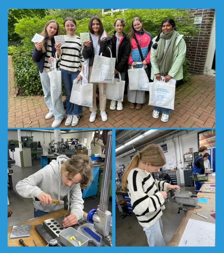 Collage vom Girls'Day bei Pieron mit Gruppenaufnahme im Freien und Arbeiten an Werkstücken