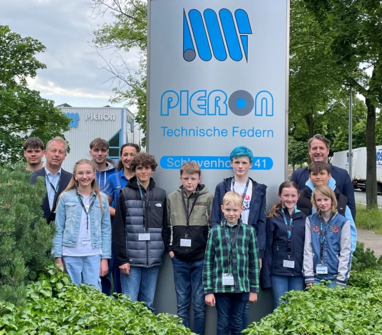 Group of participants in front of the Pieron company sign at the Schlavenhorst site in Bocholt