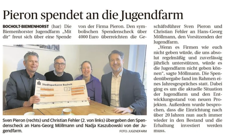 Pieron donation to Jugendfarm Mit Dir e.V.
