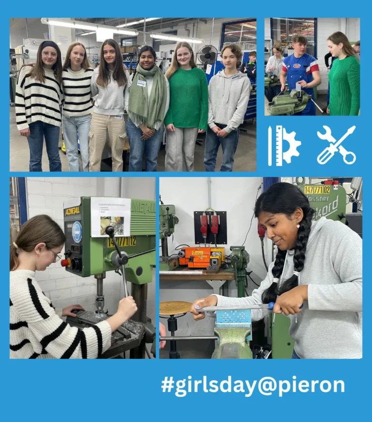 Photo collage of Girls' Day at Pieron with a group photo and insights into production