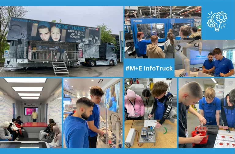 Collage of the M+E InfoTruck with the vehicle, interior and stations for trying out technical careers